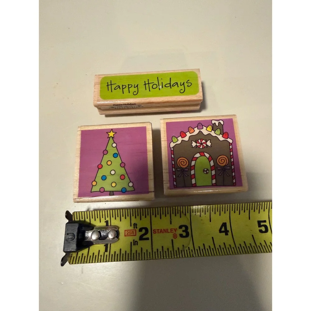Hampton Art Christmas Wood Mounted Rubber Stamps Gingerbread Tree Happy Holidays